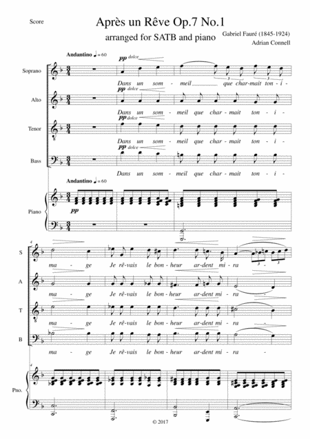 Faure Apres un Reve Op.7 No.1 arranged for SATB choir and piano (or organ) (arr. Adrian Connell)