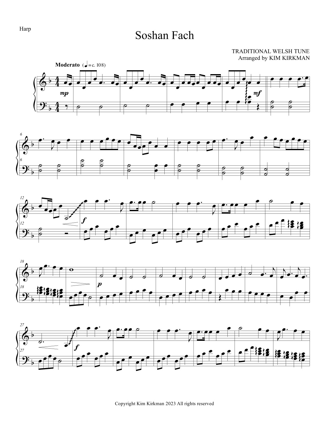 Sospan Fach arranged for solo harp - wonderful Welsh Tune (arr. Kim Kirkman)