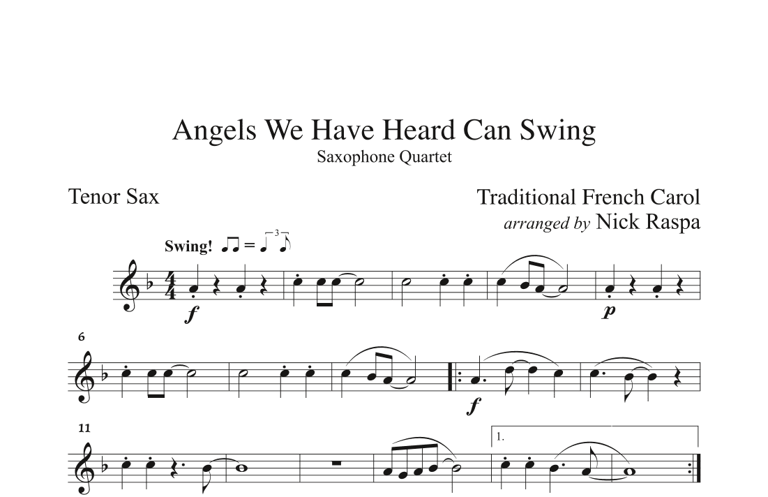 Angels We Have Heard Can Swing (easy sax quartet AATB) Tenor Sax part (arr. Nick Raspa)