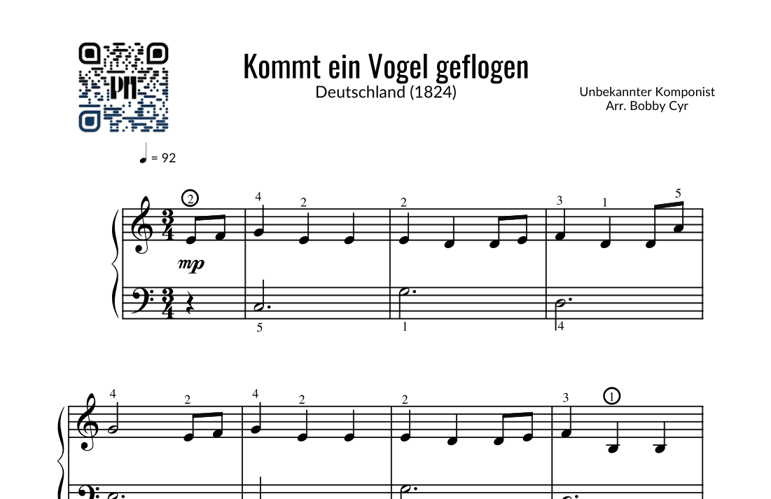 Kommt ein Vogel geflogen - Kinderreime (leichtes Klavier) (arr. Bobby Cyr - Piano Notion)