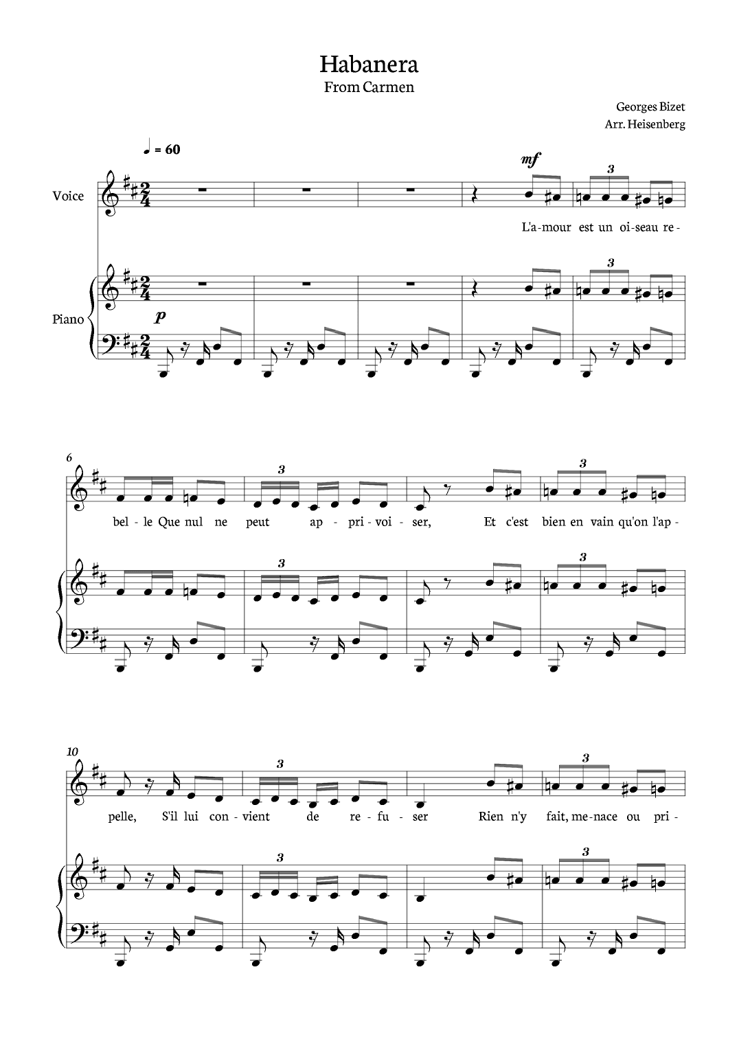 Habanera - Carmen for piano and voice in B minor. (arr. Heisenberg)