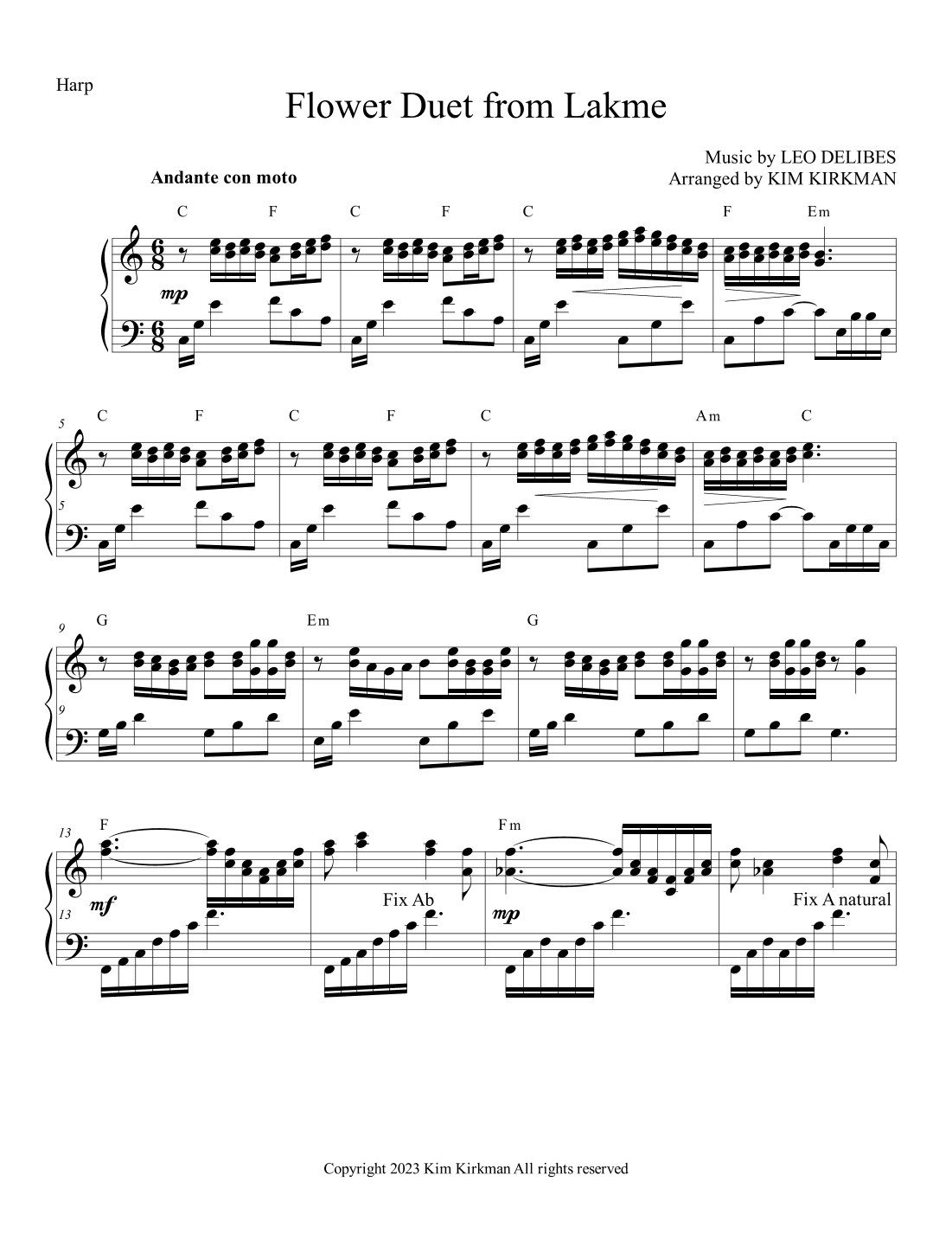 Flower Duet from Lakme arranged for lever harp (only one lever change down and up) (arr. Kim Kirkman)