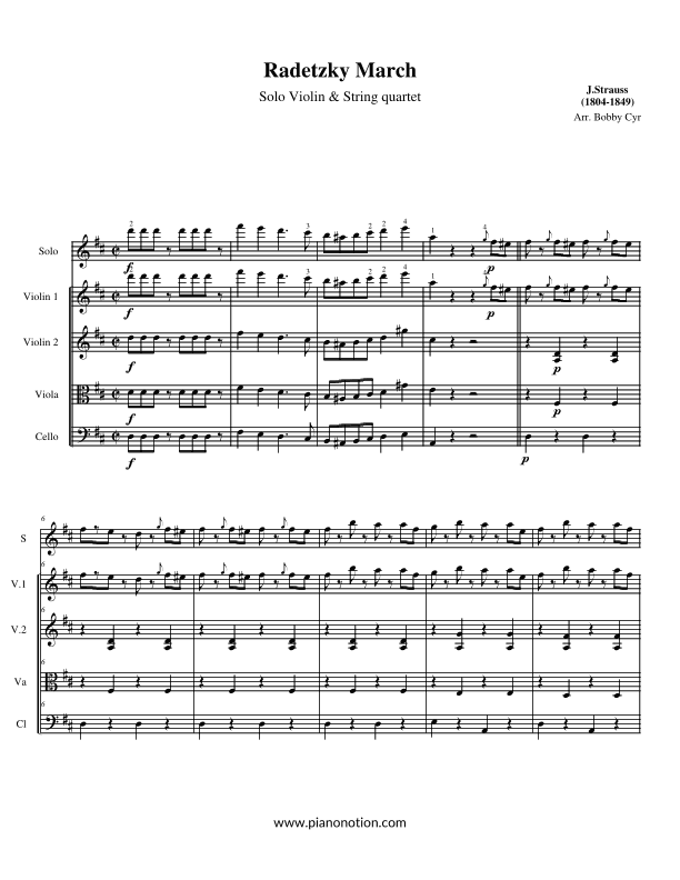 Radetzky March (Solo Violin & String quartet) Scores & Parts (arr. Bobby Cyr)