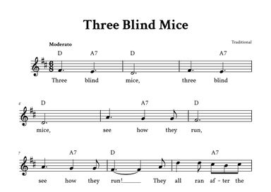 Three Blind Mice - Lead Sheet (D Major - Traditional) (arr. Yuri Noronha)
