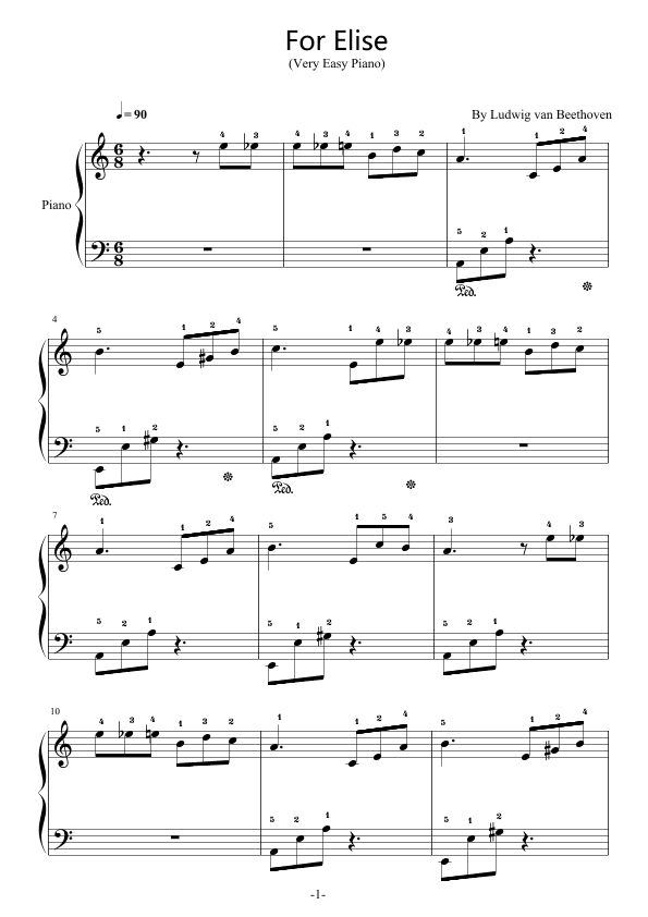 For Elise,Beethoven,Easy Piano,with Fingering,C Major (arr. poon)