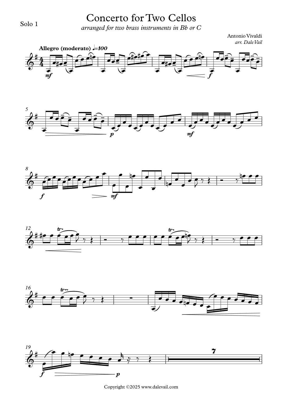 Vivaldi Double Cello Concerto for Two Brass Instruments in Bb Treble clef or C Bass Clef (arr. Dale Vail)
