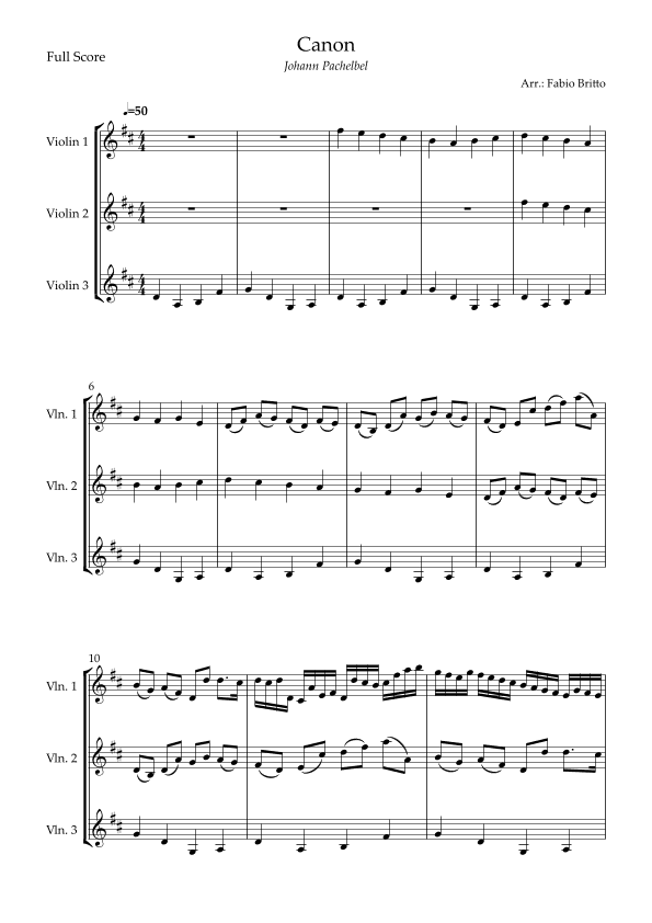 Canon - Johann Pachelbel (Wedding/Reduced Version) for Violin Trio (arr. Fabio Britto)