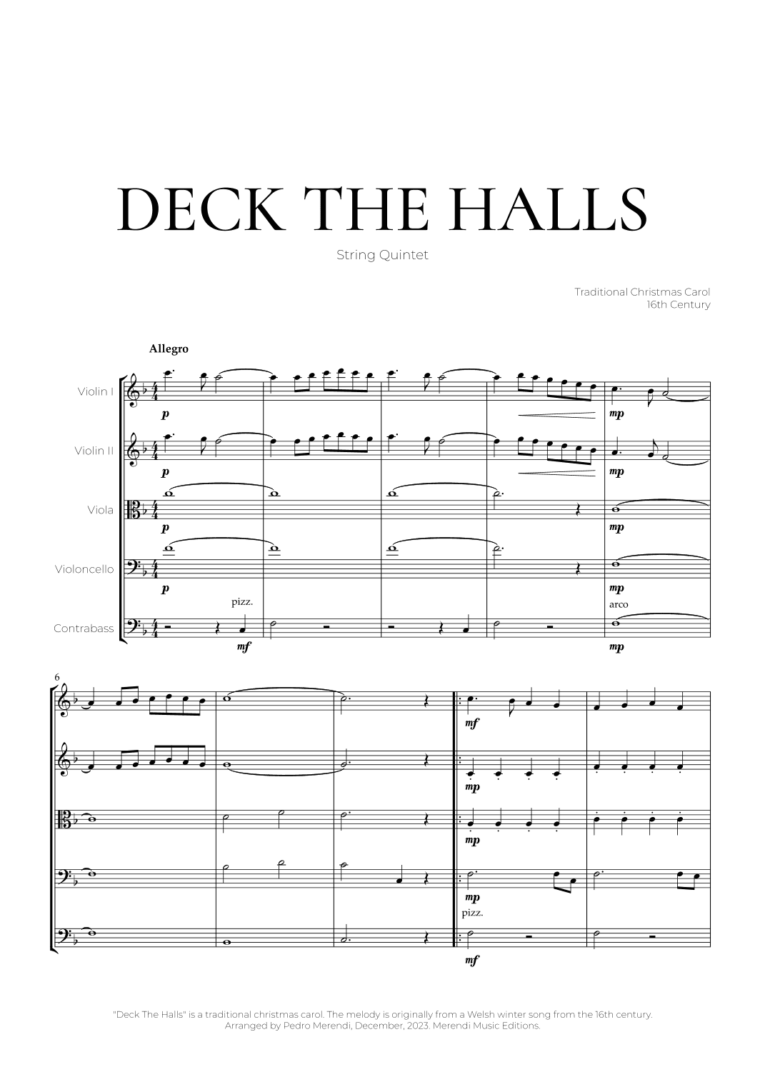 Deck The Halls (String Quintet) - Christmas Carol (arr. Pedro Merendi)