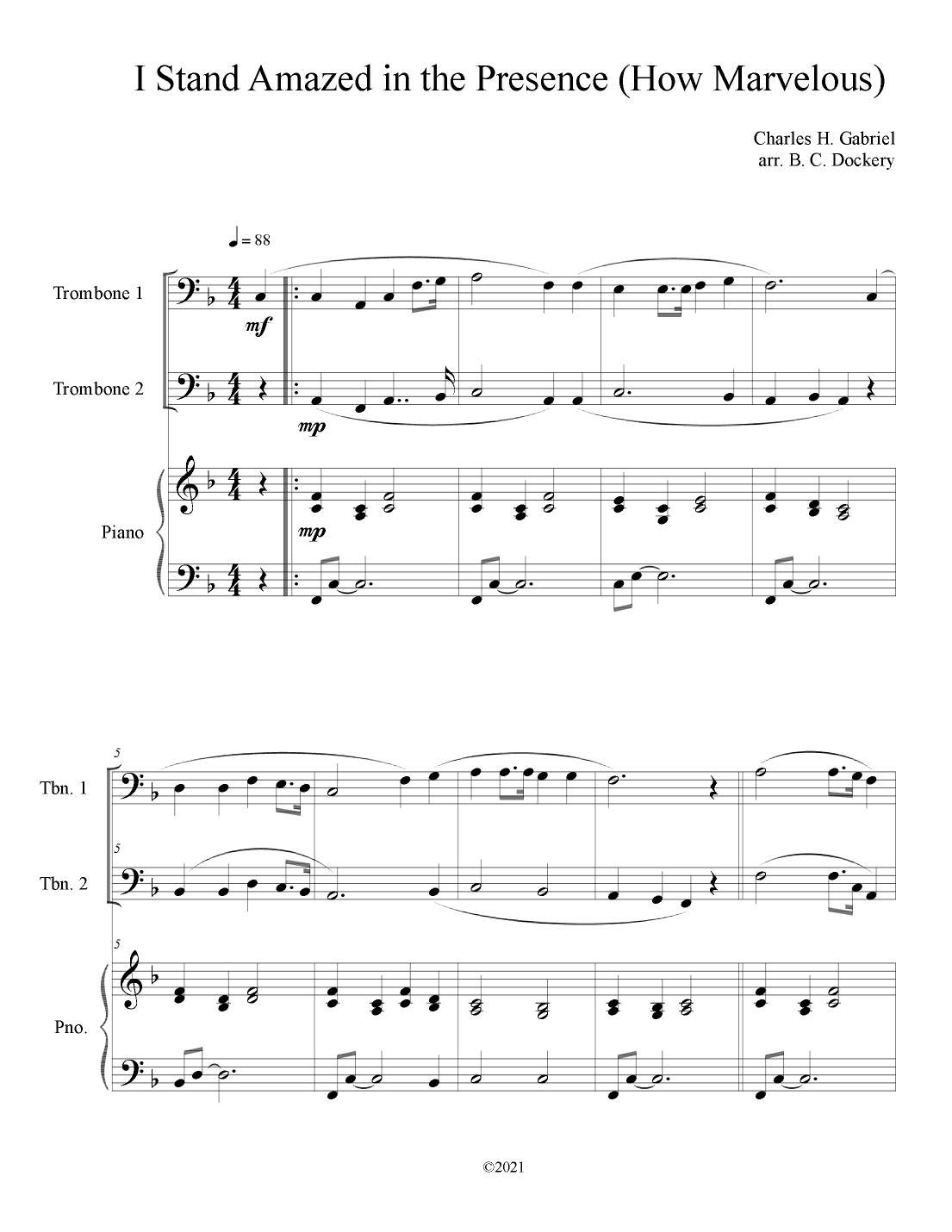I Stand Amazed in the Presence (How Marvelous) for Trombone Duet with Piano Accompaniment (arr. B. C. Dockery)