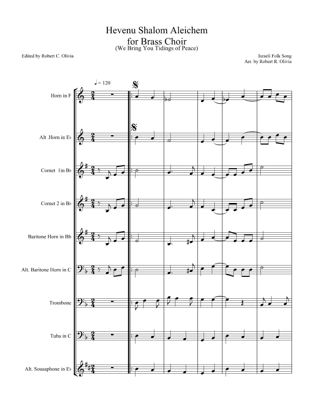 Hevenu Shalom Aleichem for Brass (We Bring You Tidings of Peace) (arr. Robert C. Olivia)