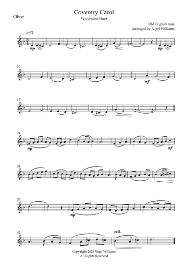 Coventry Carol, for oboe & bassoon duet (arr. Nigel Williams)