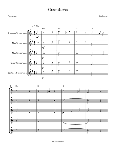 greensleeves for saxophone quintet with chord symbols sheet music (arr. Arezzo Music)