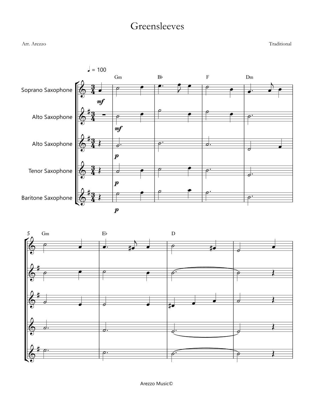 greensleeves for saxophone quintet with chord symbols sheet music (arr. Arezzo Music)