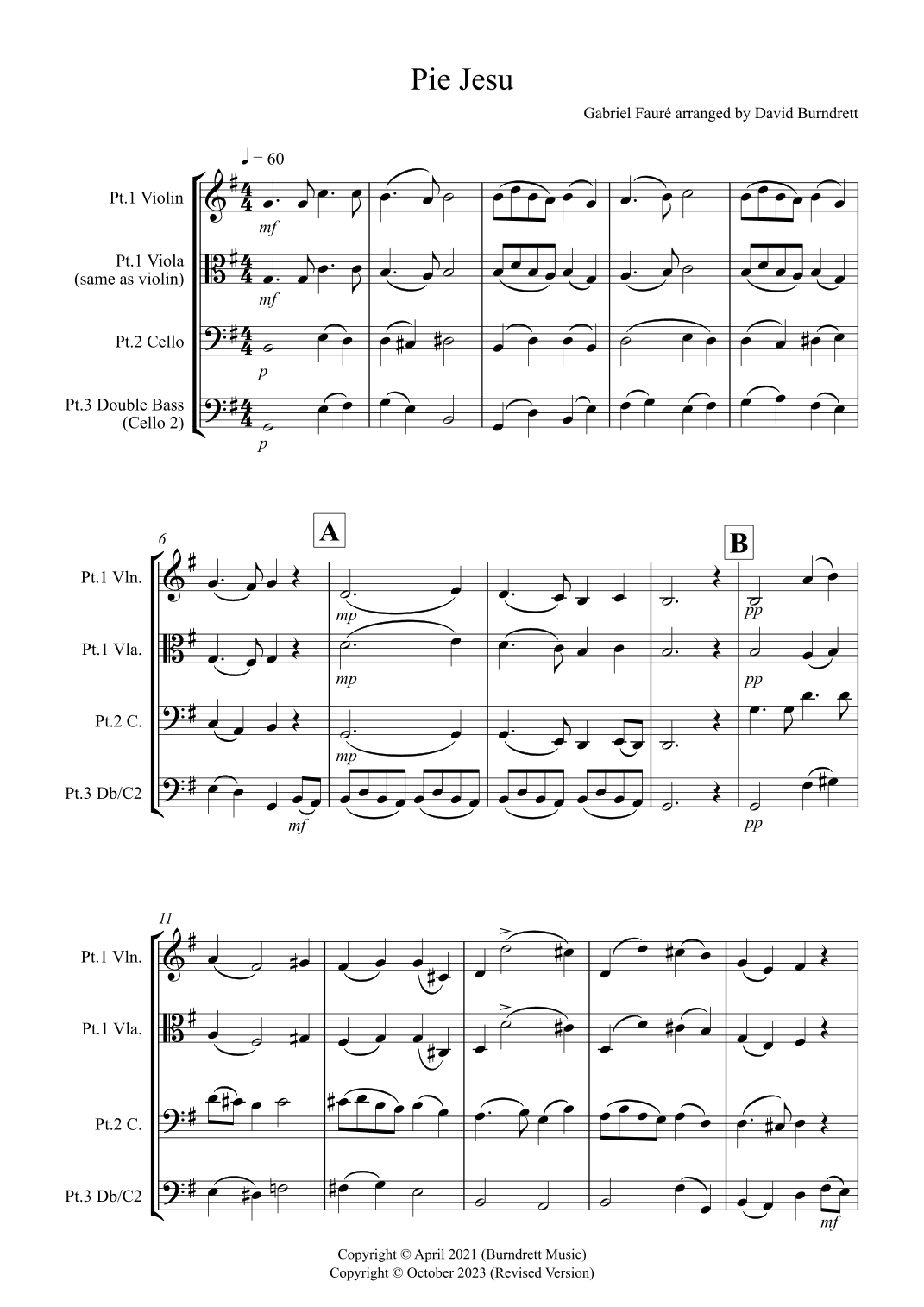 Pie Jesu for Violin or Viola, Cello and Double Bass Trio (arr. David Burndrett)