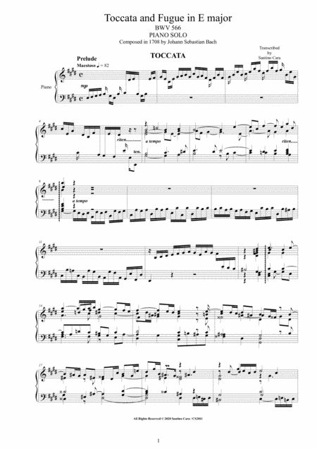 Bach - Toccata and Fugue in E major BWV 566 for Piano (arr. Santino Cara)