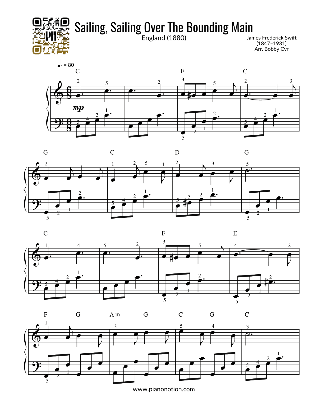 Sailing, Sailing Over The Bounding Main (Easy Piano) (arr. Bobby Cyr - Piano Notion)