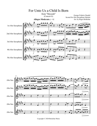 For Unto Us a Child is Born (from "Messiah") (G) (Alto Saxophone Quintet) (arr. Regis Bookshar)