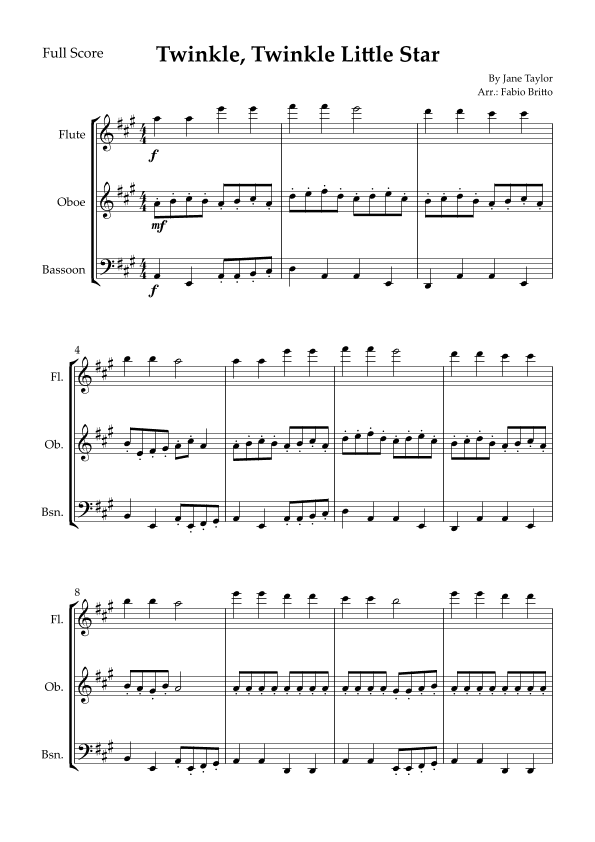 Twinkle, Twinkle Little Star for Woodwind Trio (arr. Fabio Britto)