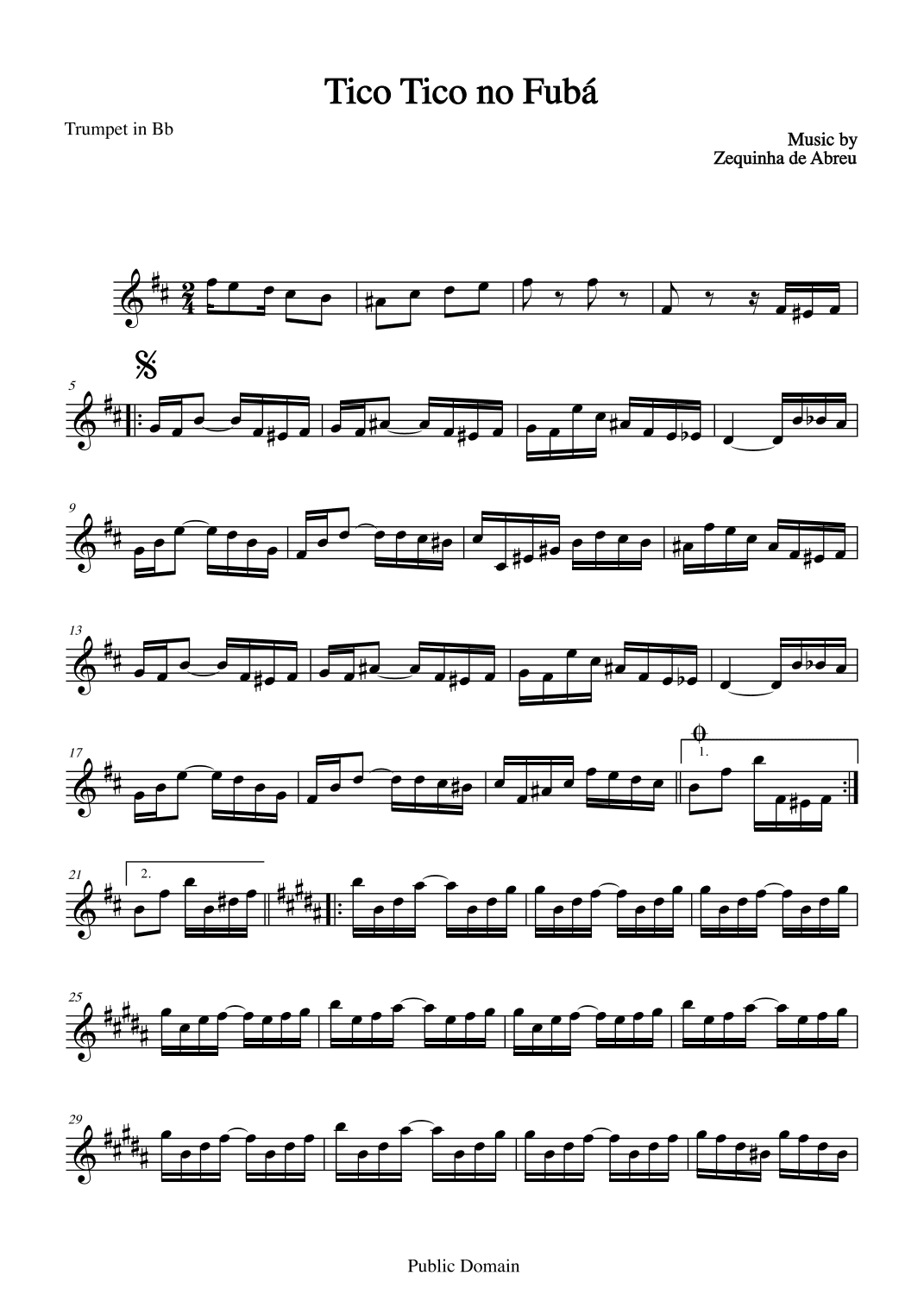 Tico Tico no Fubá by Zequinha de Abreu for Trumpet in Bb (arr. The Sheet Music Library)