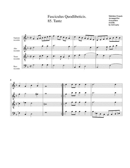 Fasciculus Quodlibeticis 1611: No.85: Tantz (arrangement for 4 reorders) (arr. Gil Garty)