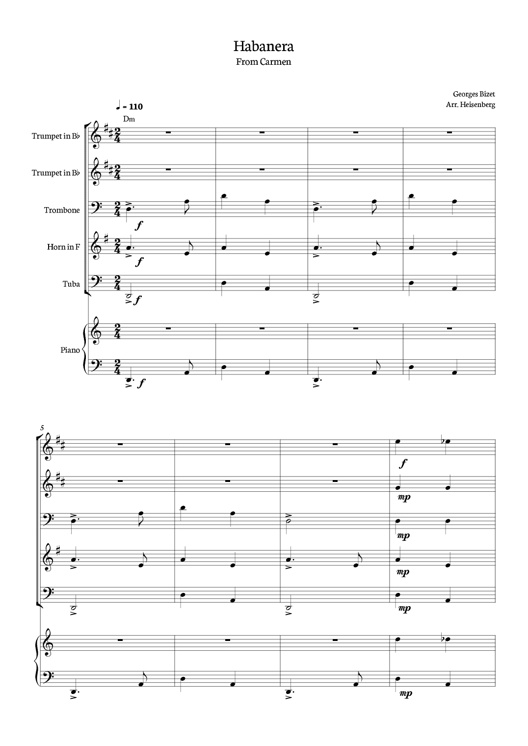 Habanera - Carmen - Georges Bizet, for Brass Quintet in a easy version with piano and chords (arr. Heisenberg)