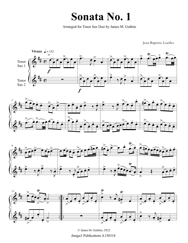 Loeillet: Six Sonatas Op. 5 No. 2 Complete for Tenor Sax Duo (arr. James M. Guthrie)