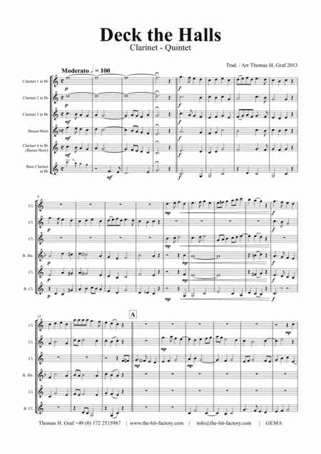 Deck the halls - Christmas Carol - Polyphonic - Clarinet Quintet (arr. Thomas H. Graf)