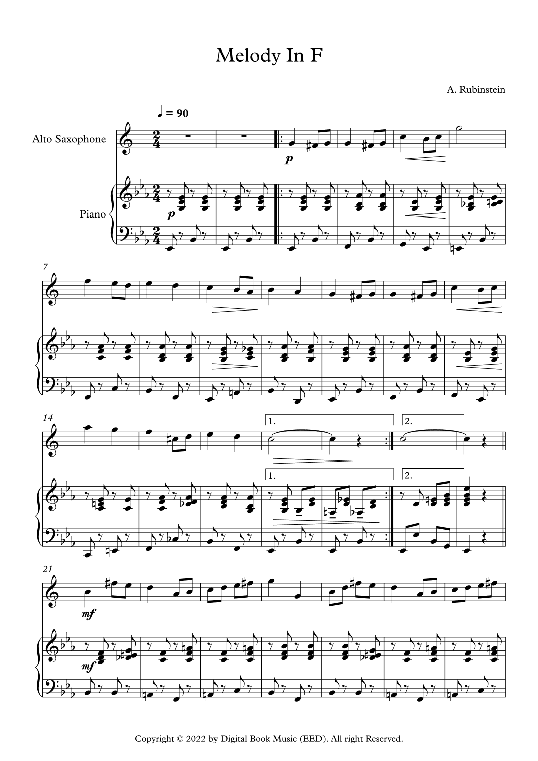 Melody In F - Anton Rubinstein (Alto Sax + Piano) (arr. Digital Book Music)