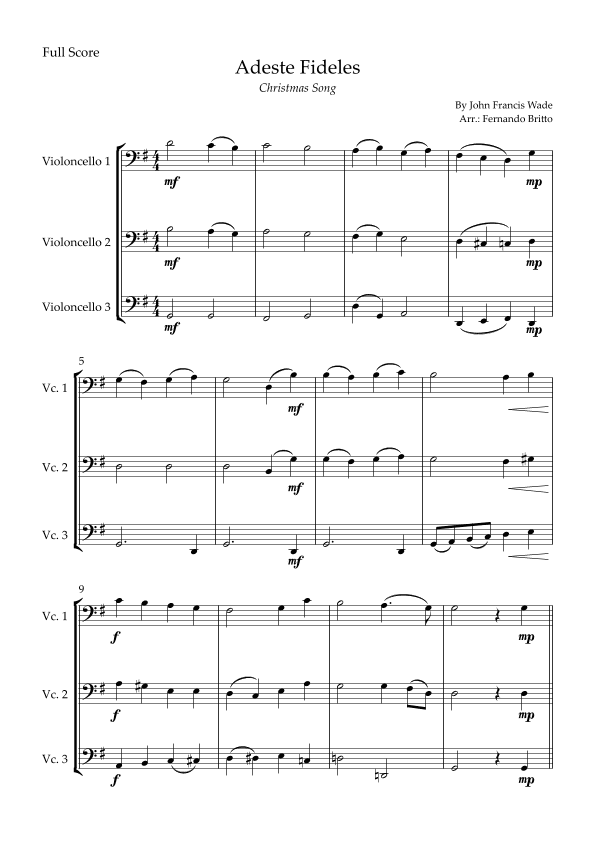 Adeste Fideles (Christmas Song) for Cello Trio (arr. Fernando Britto)