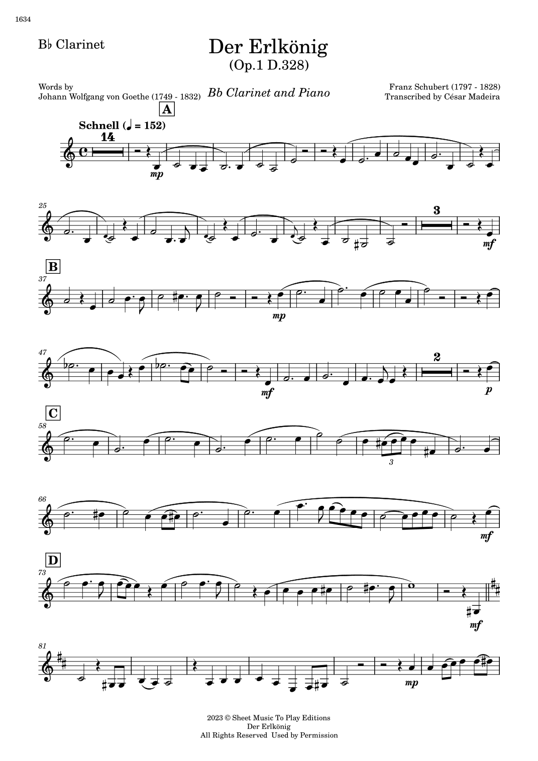 Der Erlkönig by Schubert - Bb Clarinet and Piano (Individual Parts) (arr. César Madeira)