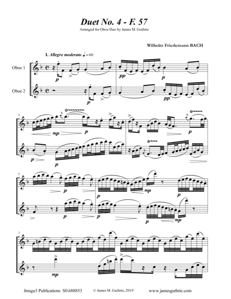 WF Bach: Duet No. 4 for Oboe Duo (arr. James M. Guthrie, ASCAP)