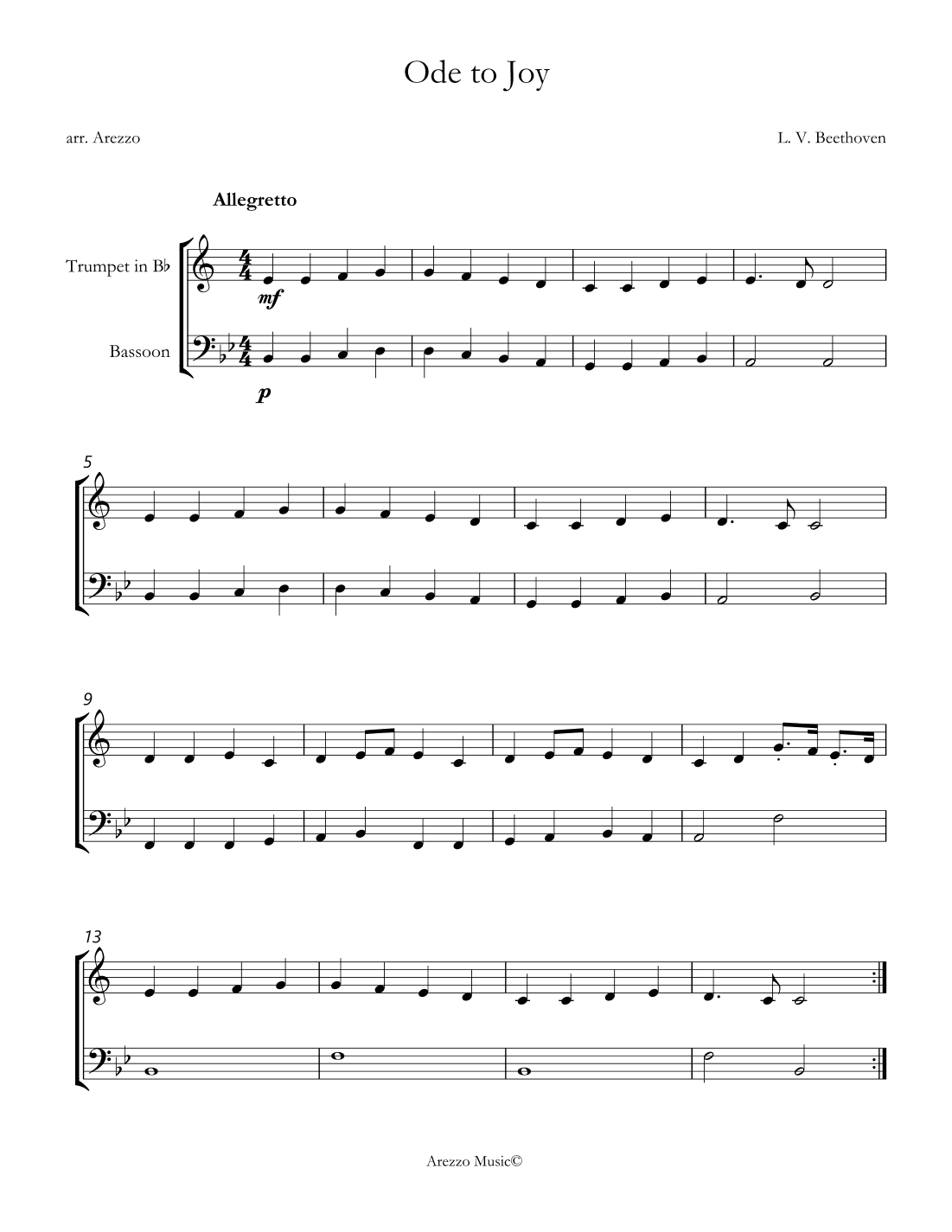 ode to joy trumpet and bassoon sheet music for beginners in b flat (arr. Arezzo Music)