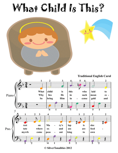 What Child Is This Easy Elementary Piano Sheet Music with Colored Notes (arr. SilverTonalities)