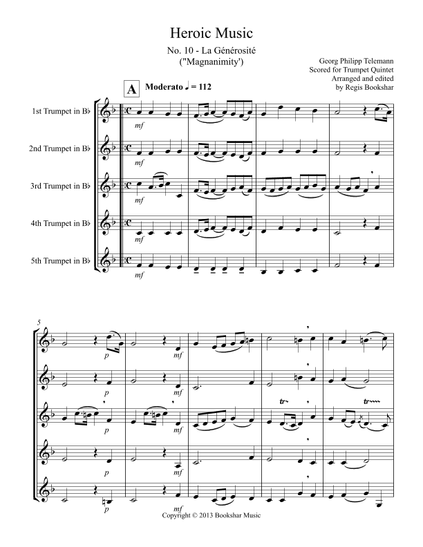 La Generosite (from "Heroic Music") (Eb) (Trumpet Quintet) (arr. Regis Bookshar)