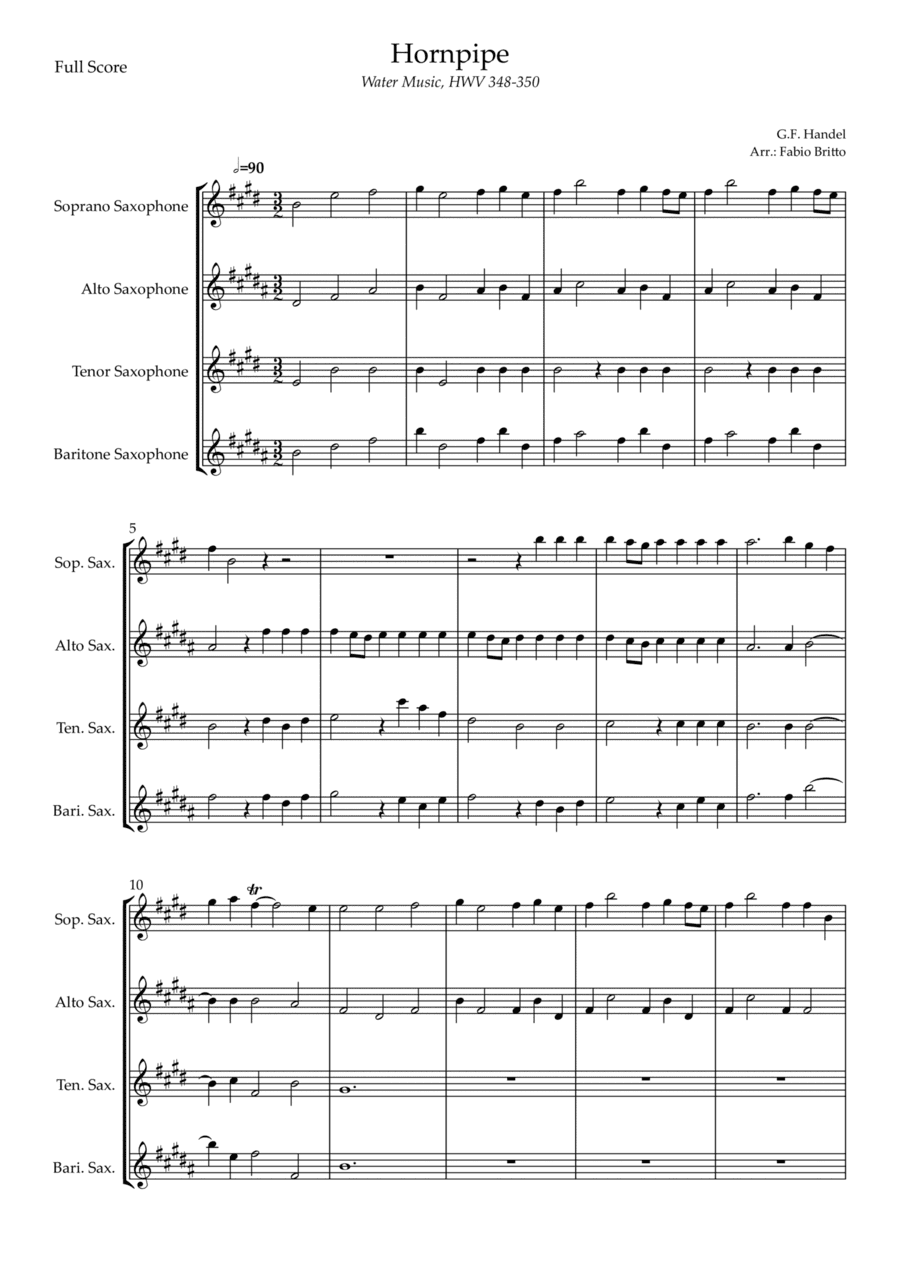Hornpipe (G.F. Handel HWV 348-350) for Saxophone Quartet (arr. Fabio Britto)