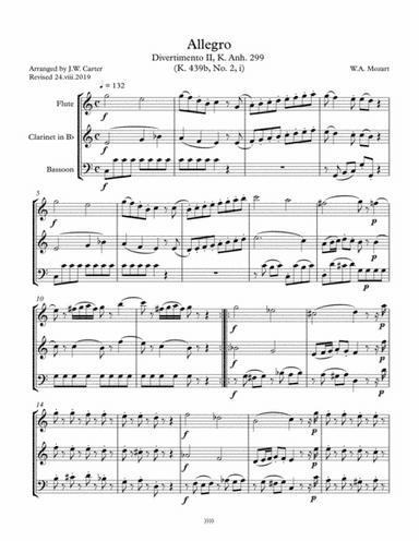 Allegro, Divertimento II, K. Anh. 299 (K. 439, No. 2, i), by W.A. Mozart, arranged for Flute, Clarin (arr. J.W. Carter)