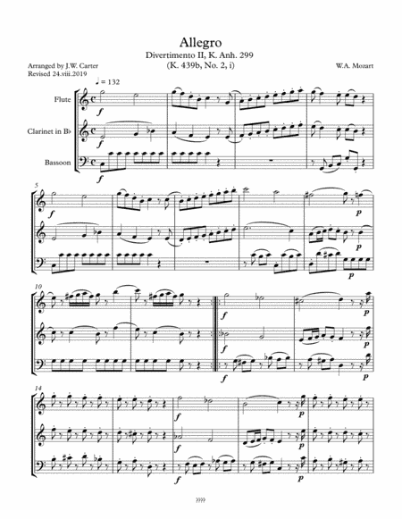 Allegro, Divertimento II, K. Anh. 299 (K. 439, No. 2, i), by W.A. Mozart, arranged for Flute, Clarin (arr. J.W. Carter)