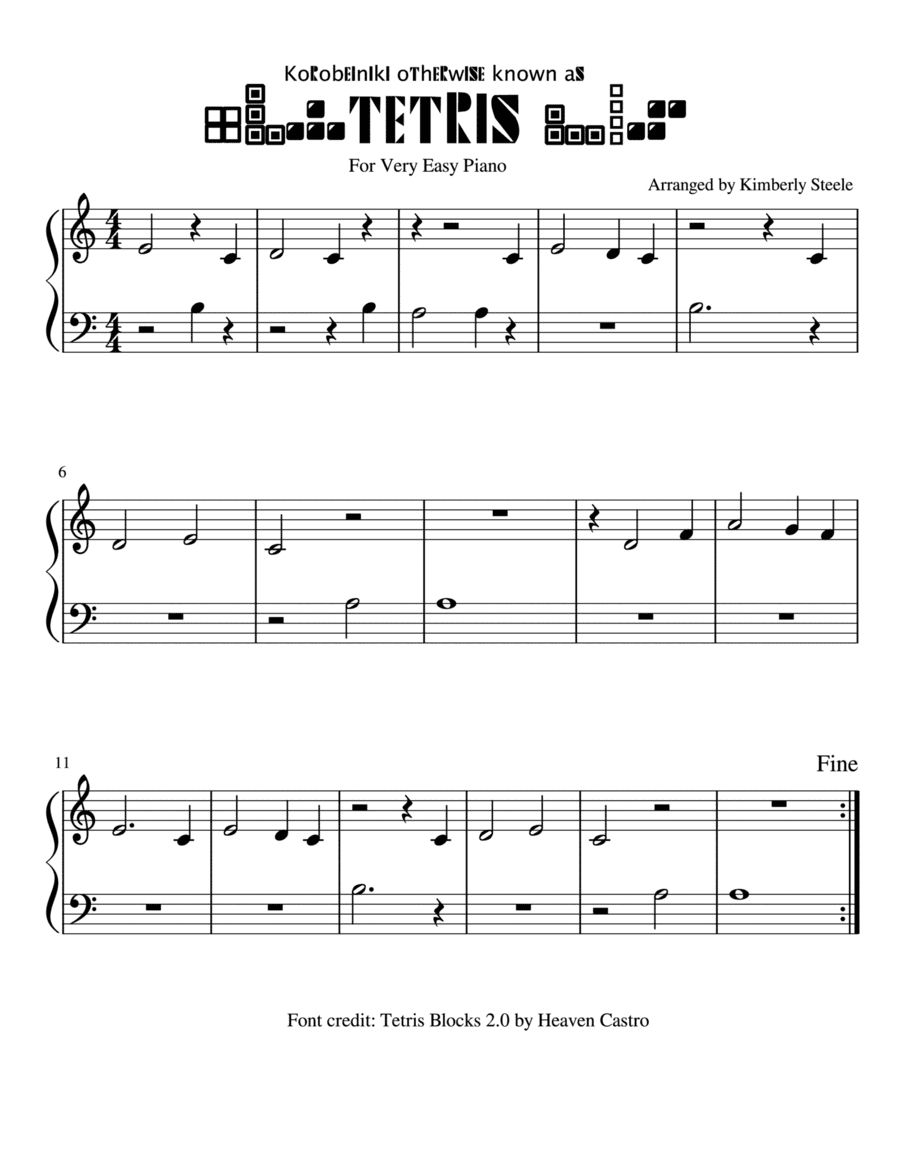Korobeiniki Otherwise Known As TETRIS Theme for Very Easy Piano (arr. Kimberly Steele)