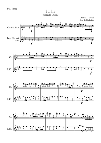 Spring (from Four Seasons of Antonio Vivaldi) for Clarinet in A & Bass Clarinet in Bb Duo (arr. Fabio Britto)