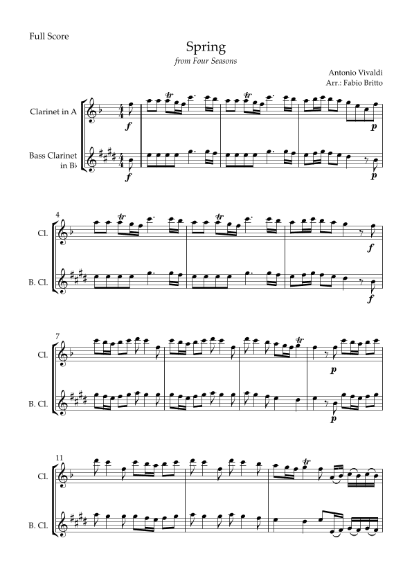 Spring (from Four Seasons of Antonio Vivaldi) for Clarinet in A & Bass Clarinet in Bb Duo (arr. Fabio Britto)