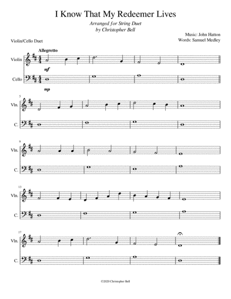 I Know That My Redeemer Lives - Easy Violin/Cello Duet (arr. Silent Home Records)