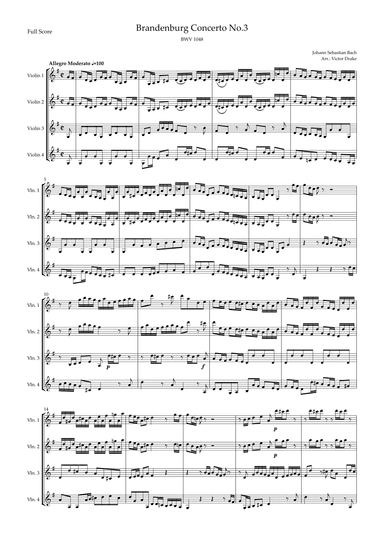 Brandenburg Concerto No. 3 in G major, BWV 1048 1st Mov. (J.S. Bach) for Violin Quartet (arr. Victor Drake)