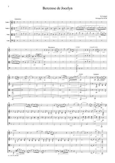 Godard  Berceuse de Jocelyn, for string quartet, CG401 (arr. FCMUSIC)