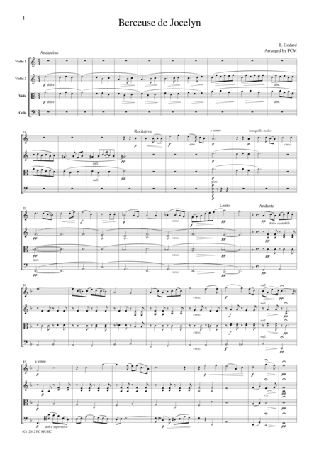 Godard  Berceuse de Jocelyn, for string quartet, CG401 (arr. FCMUSIC)