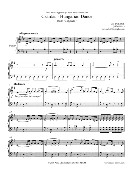Czardas: Hungarian Dance from Coppelia - Intermediate Piano (arr. Anne Christopherson GRSM ARCM)