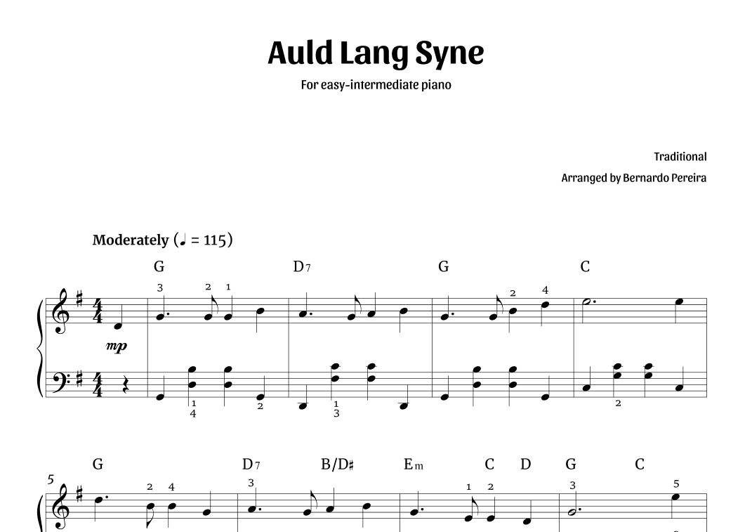 Auld Lang Syne (easy-intermediate piano – G major) (arr. Bernardo Pereira)