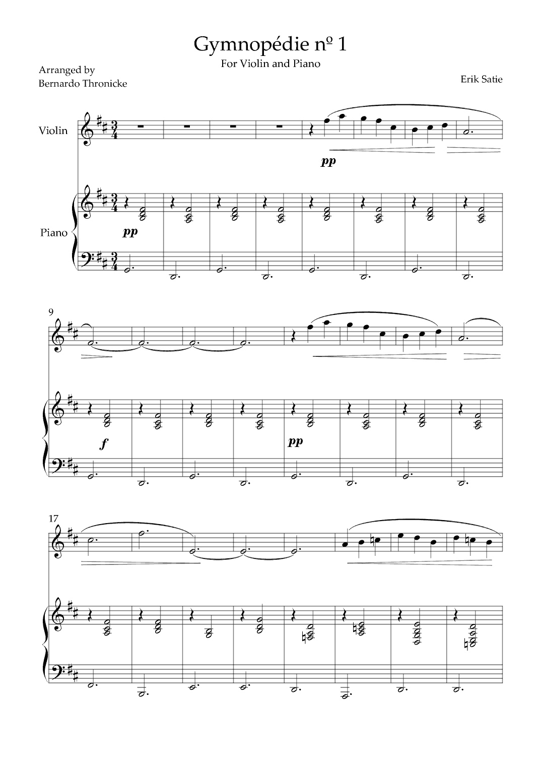 Gymnopédie nº 1 - For Violin and Piano (arr. Bernardo Thronicke)