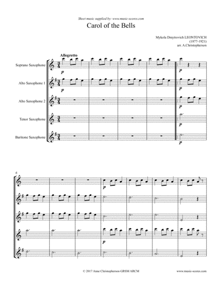 Carol of the Bells - Saxophone Quintet (arr. Anne L Christopherson GRSM ARCM)