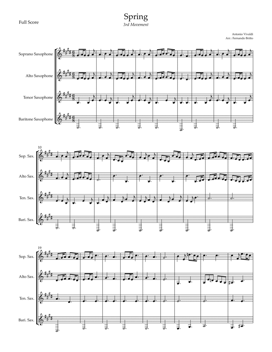 Spring - 3rd Movement (Antonio Vivaldi) for Saxophone Quartet (arr. Fernando Britto)