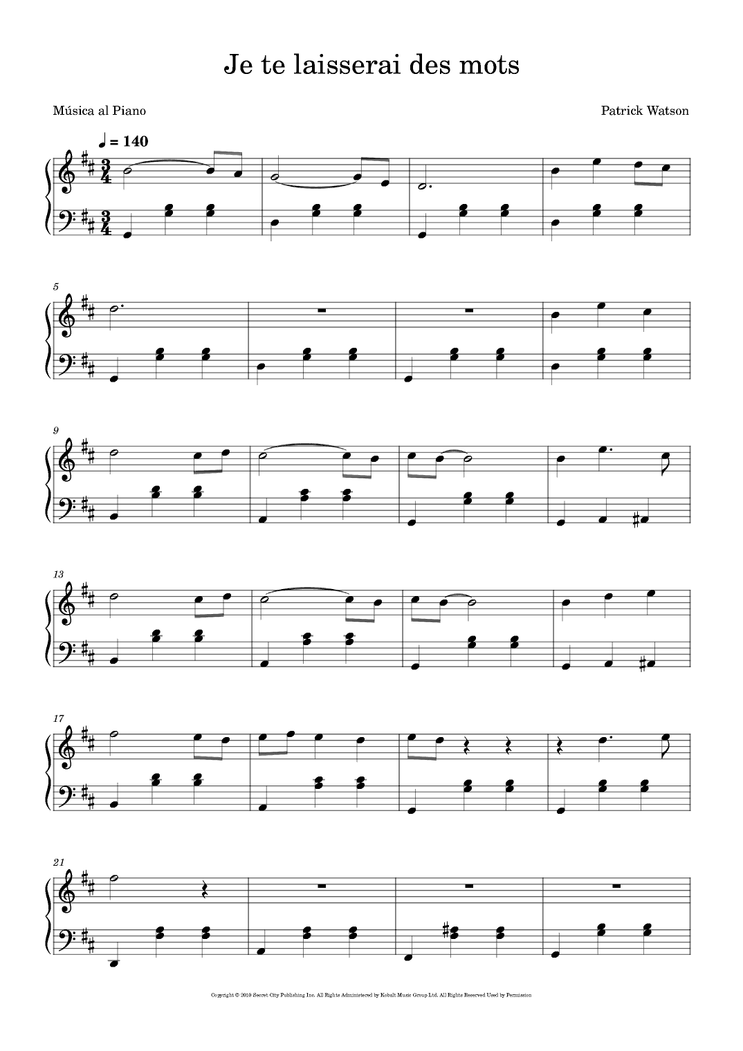 Je Te Laisserai Des Mots (arr. Música al Piano)